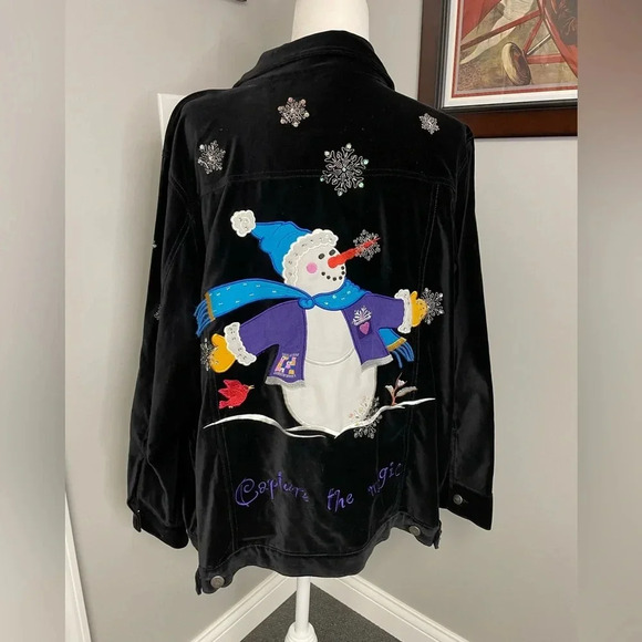 Quacker Factory Velvet Snowman Jacket Womens Plus Size 1X Magic Winter Holiday - Picture 1 of 6